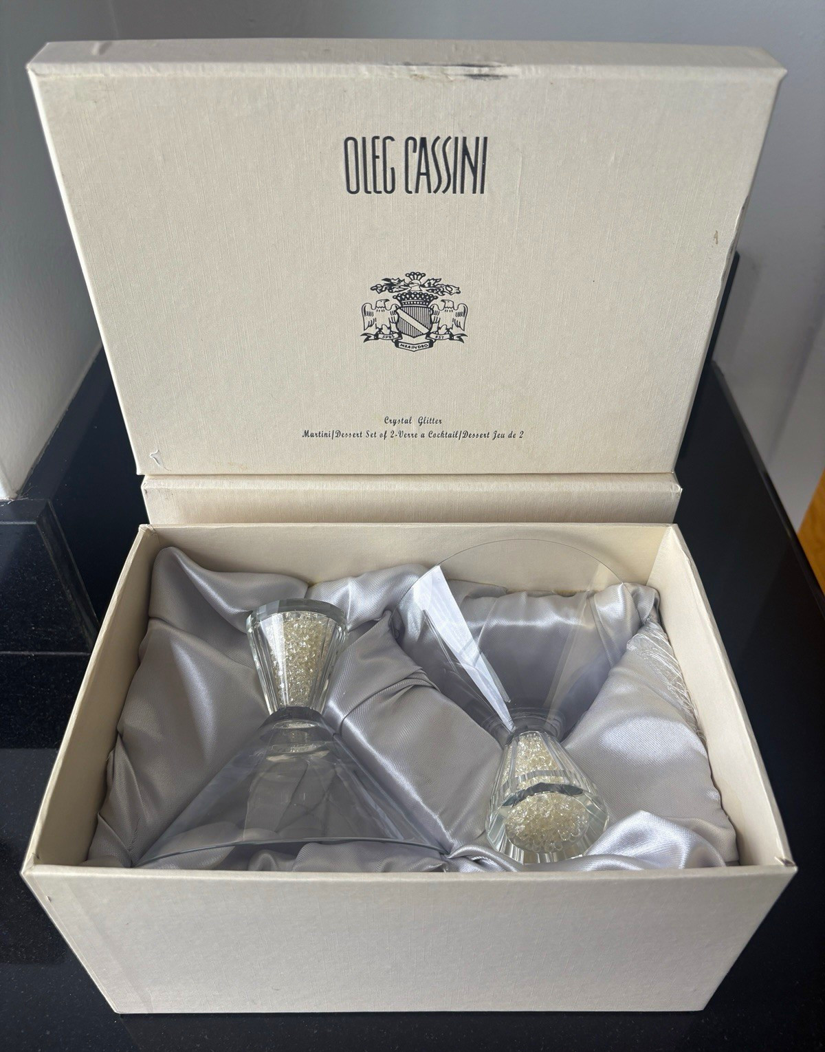 Oleg Cassini Crystal Glitter Martini Dessert Glasses Set of 4 2 Boxes Vintage