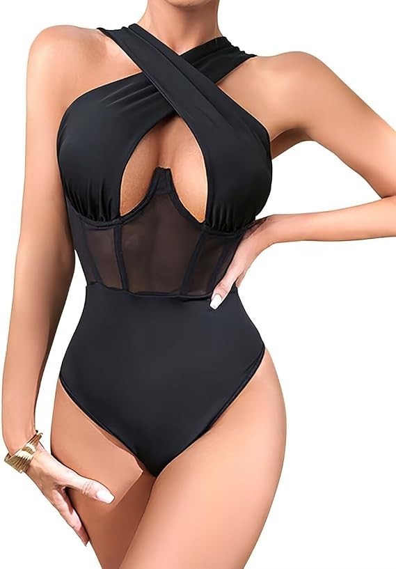 CRIPOM Women\'s Black Bodysuit Criss Cross Tops Sleeveless Women Club XL