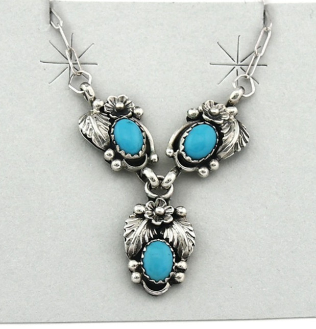 Navajo Necklace Sterling Blue Turquoise Vintage Handmade Signed BJ