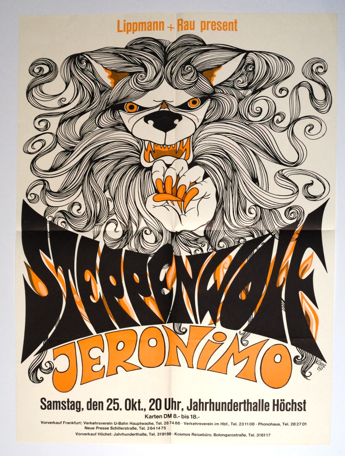 Vintage 1969 STEPPENWOLF & JERONIMO Concert Poster Lippmann + Rau Frankfurt Germ