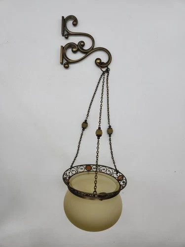 PartyLite Paris RETRO Hanging CANDLE Lamp P7674 Votive AMBER GLASS Holder EUC