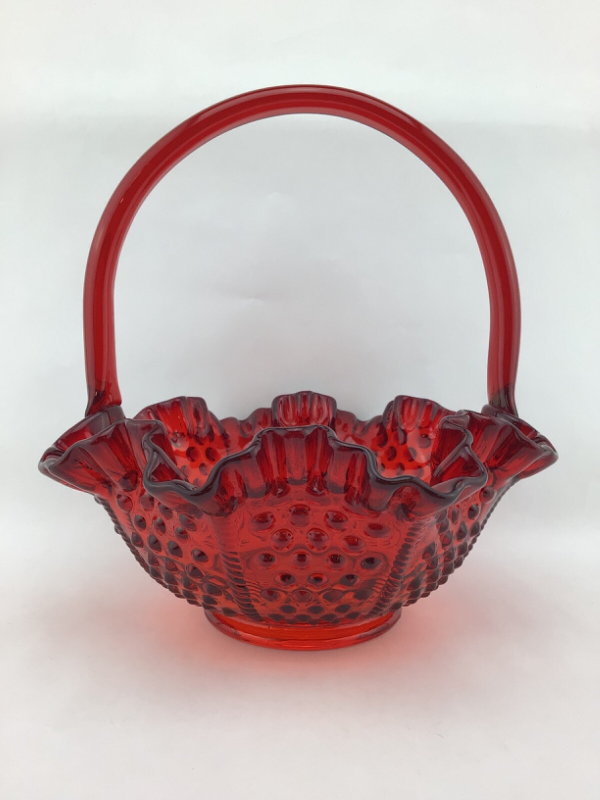 Vintage Fenton Ruby Red Hobnail Glass Basket Handle Crimped Ruffled Edge 8”