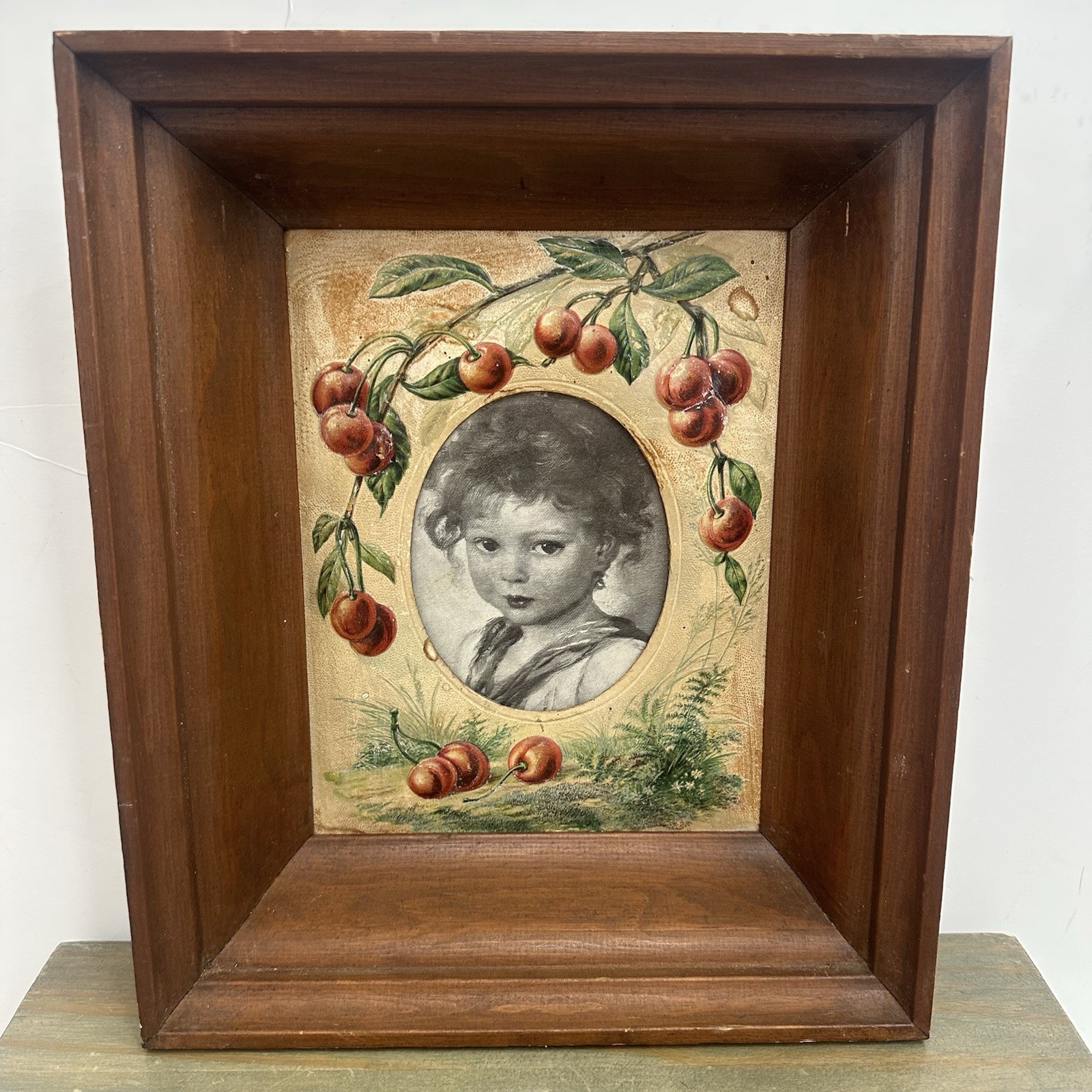 Vintage Framed Art Girl Thick Wood Deep Textured Mat Blossoms Floral 13x11” B&W