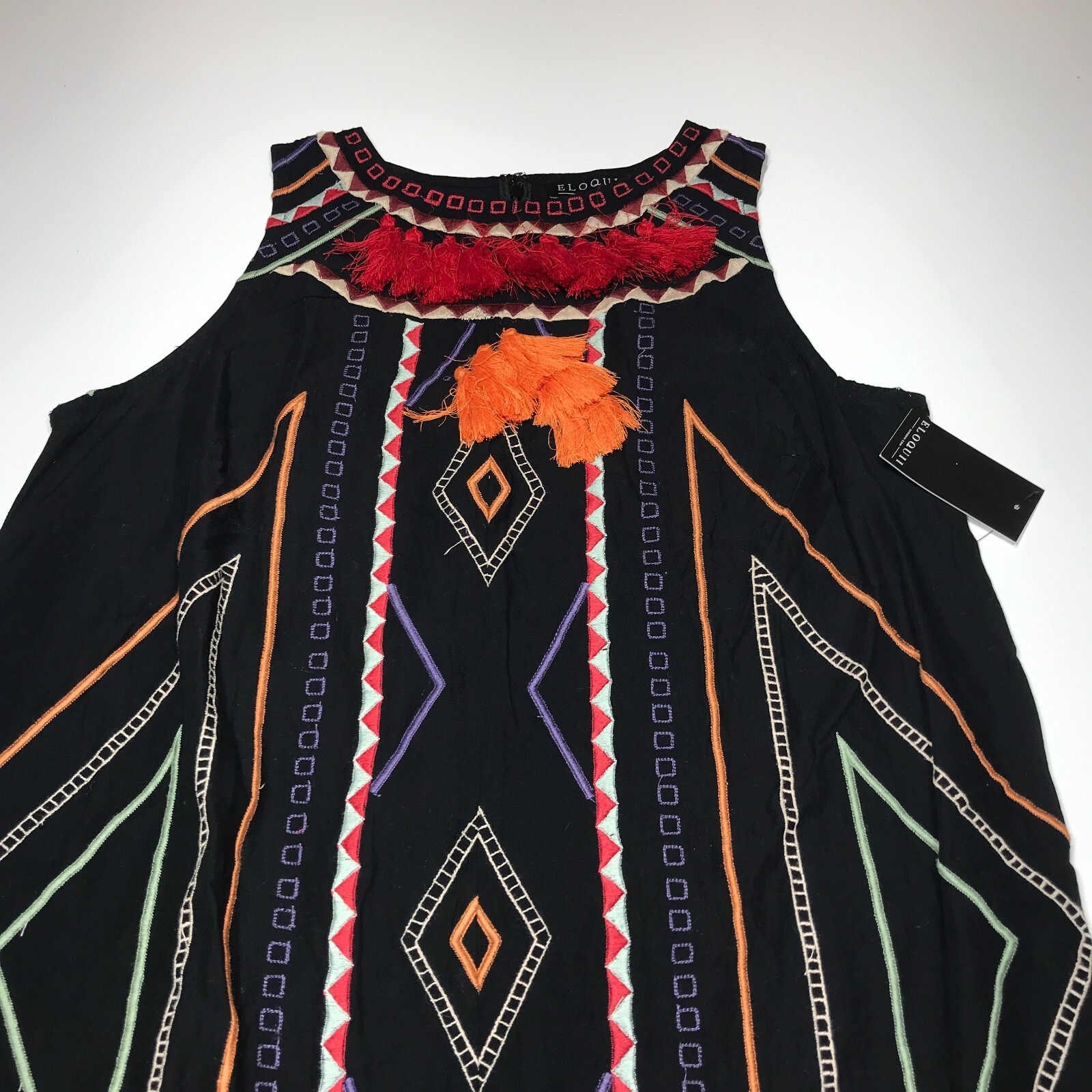 Eloquii Studio Dress Womens Size 14 Embroidered Tasseled Sleeveless Black Shift