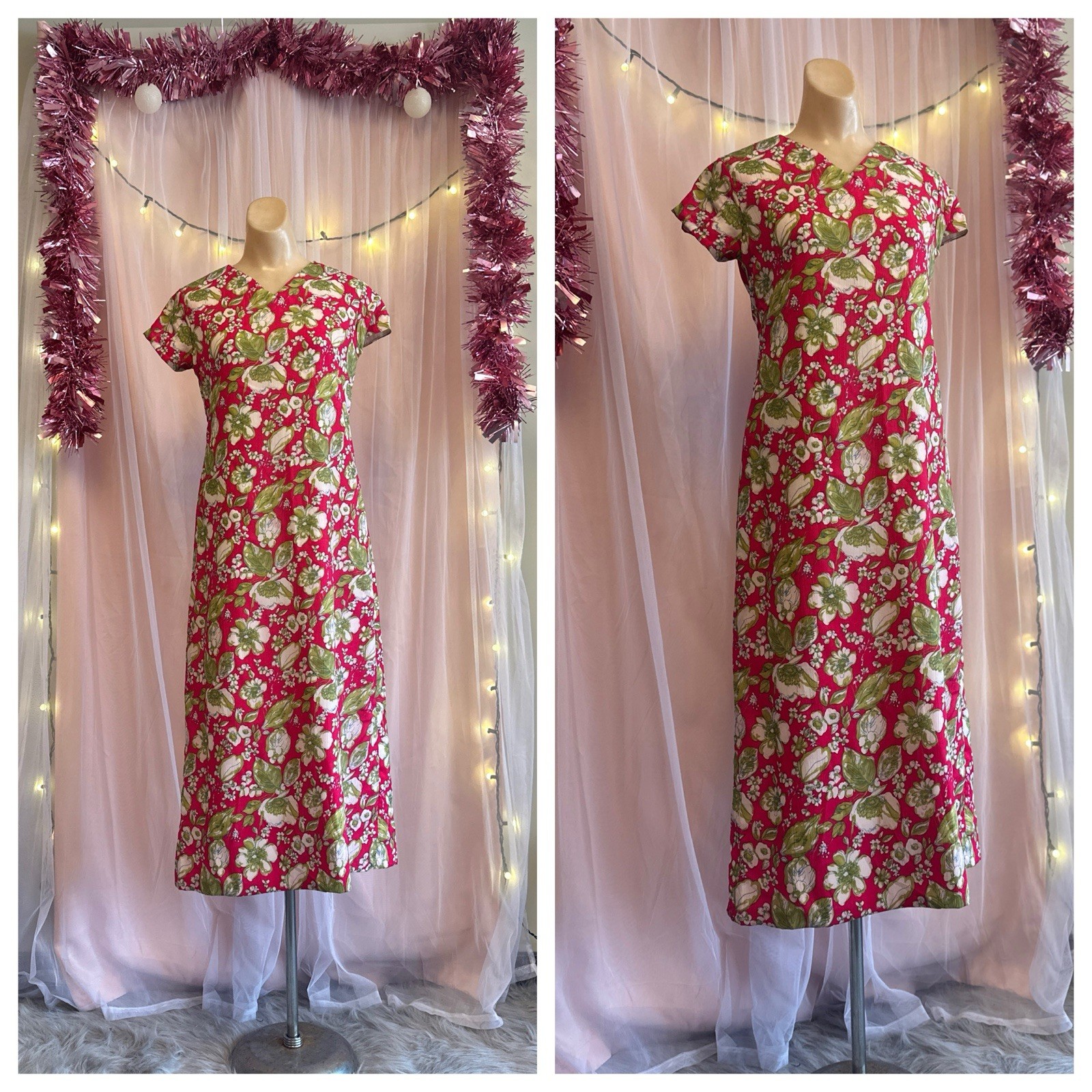 Vintage 60s Pink Floral Print Maxi Dress Mod Boho MuuMuu Handmade XS/S
