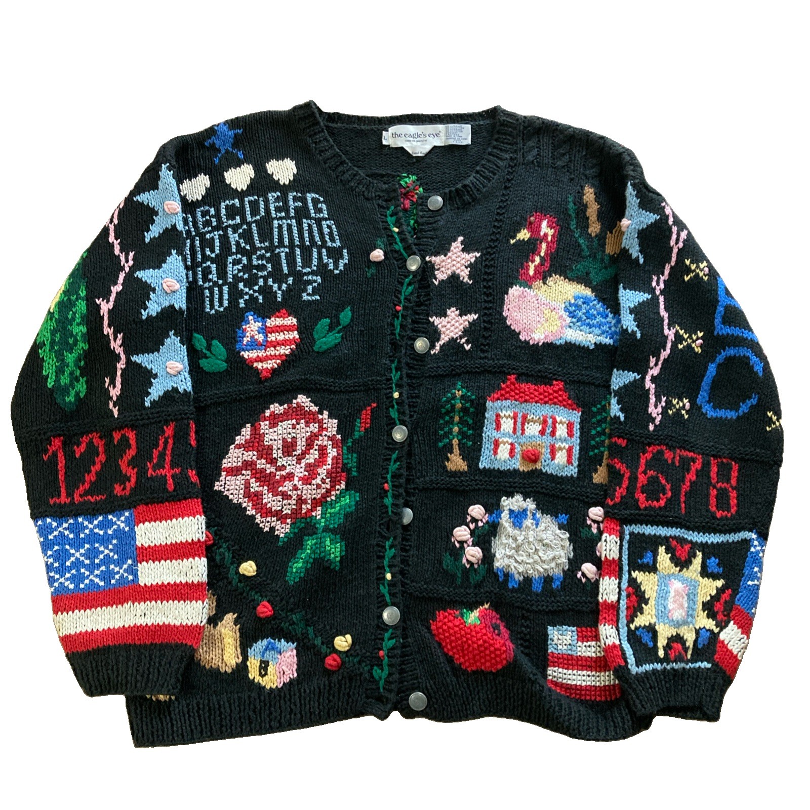 Eagle’s Eye Vtg 90s Teacher Cardigan Sz L Teddy Bear Patriotic Flag Rose Abc ￼￼