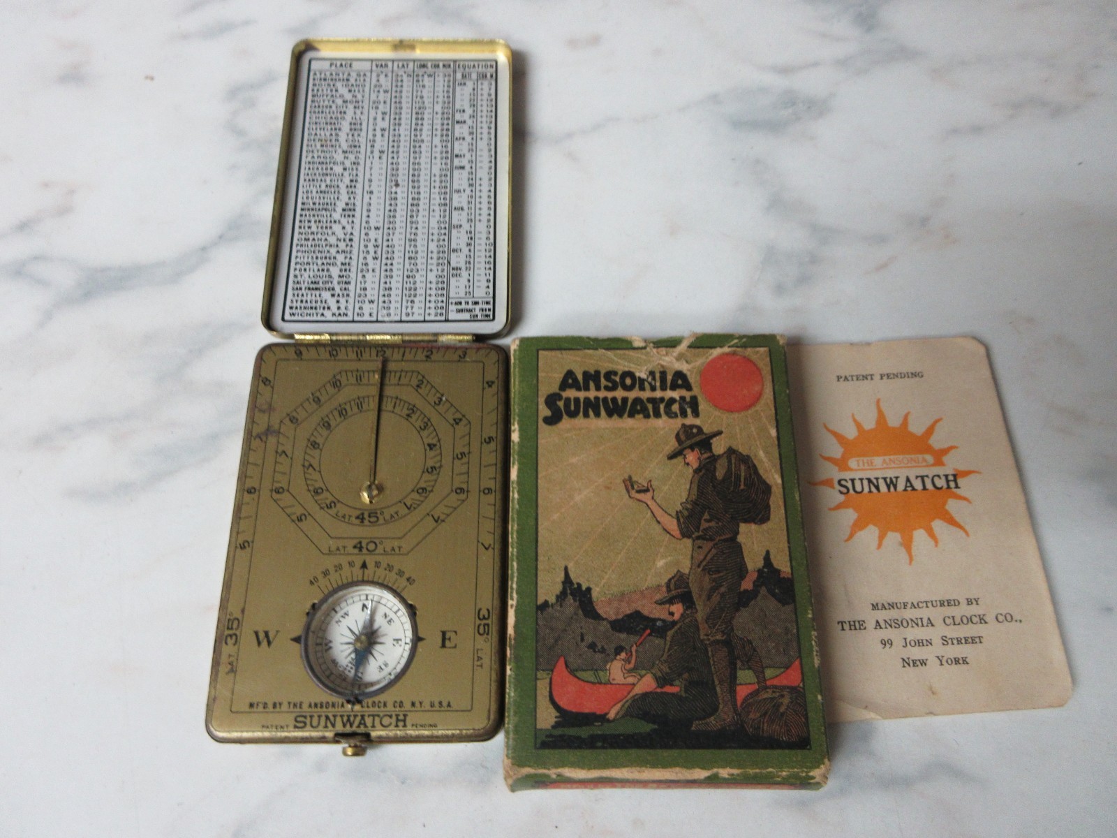 RARE ANTIQUE 1919 ANSONIA SUNDIAL SUNWATCH AND COMPASS USA BRASS PATINA