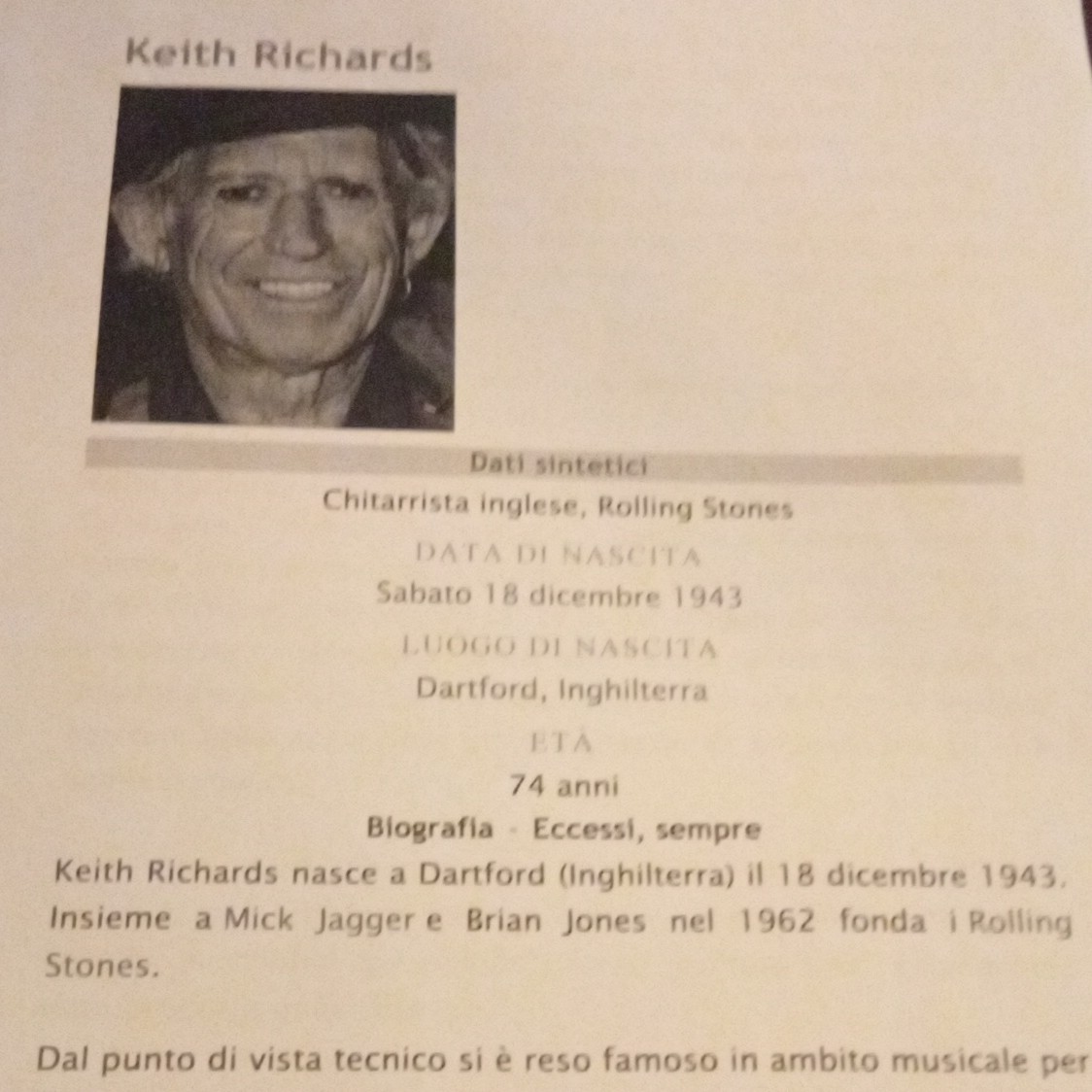 Keith Richards Rolling Stones Biography Cardboard Autograph Keith Richards Rolling Stones Biography Cardboard Autograph