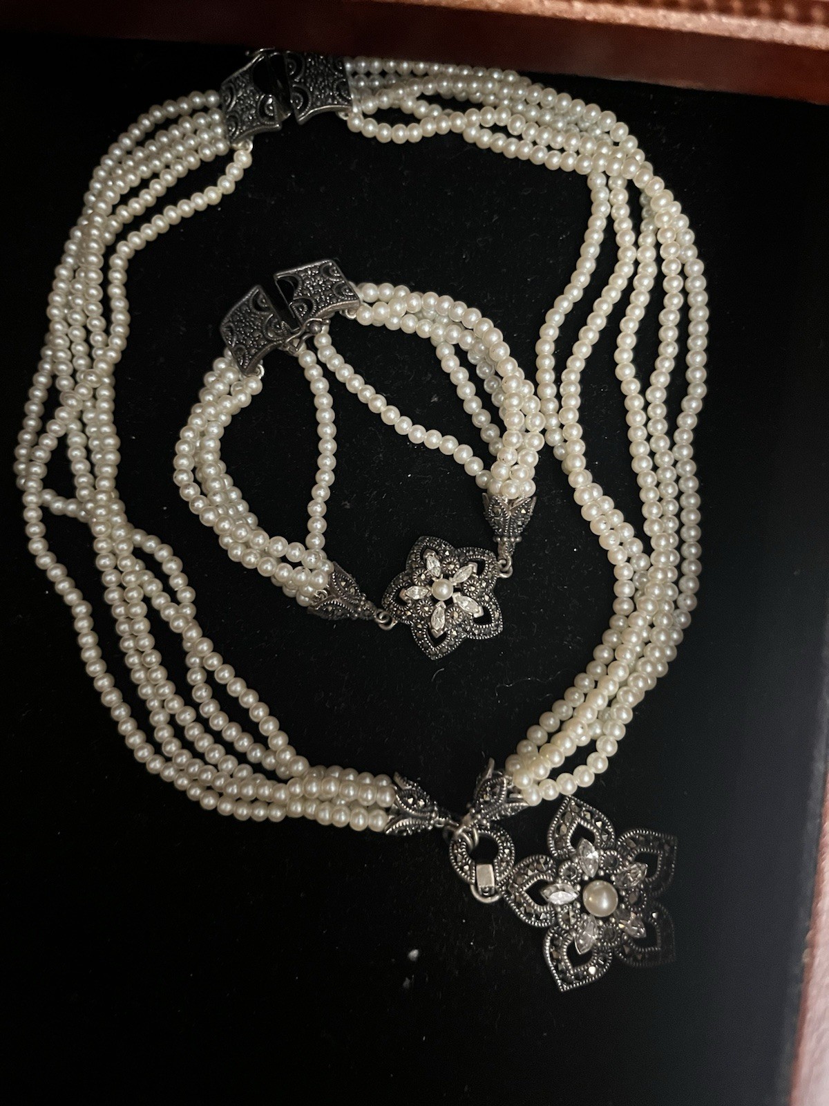  Vintage Judith Jack  faux pearl marcasite 925 necklace bracelet set