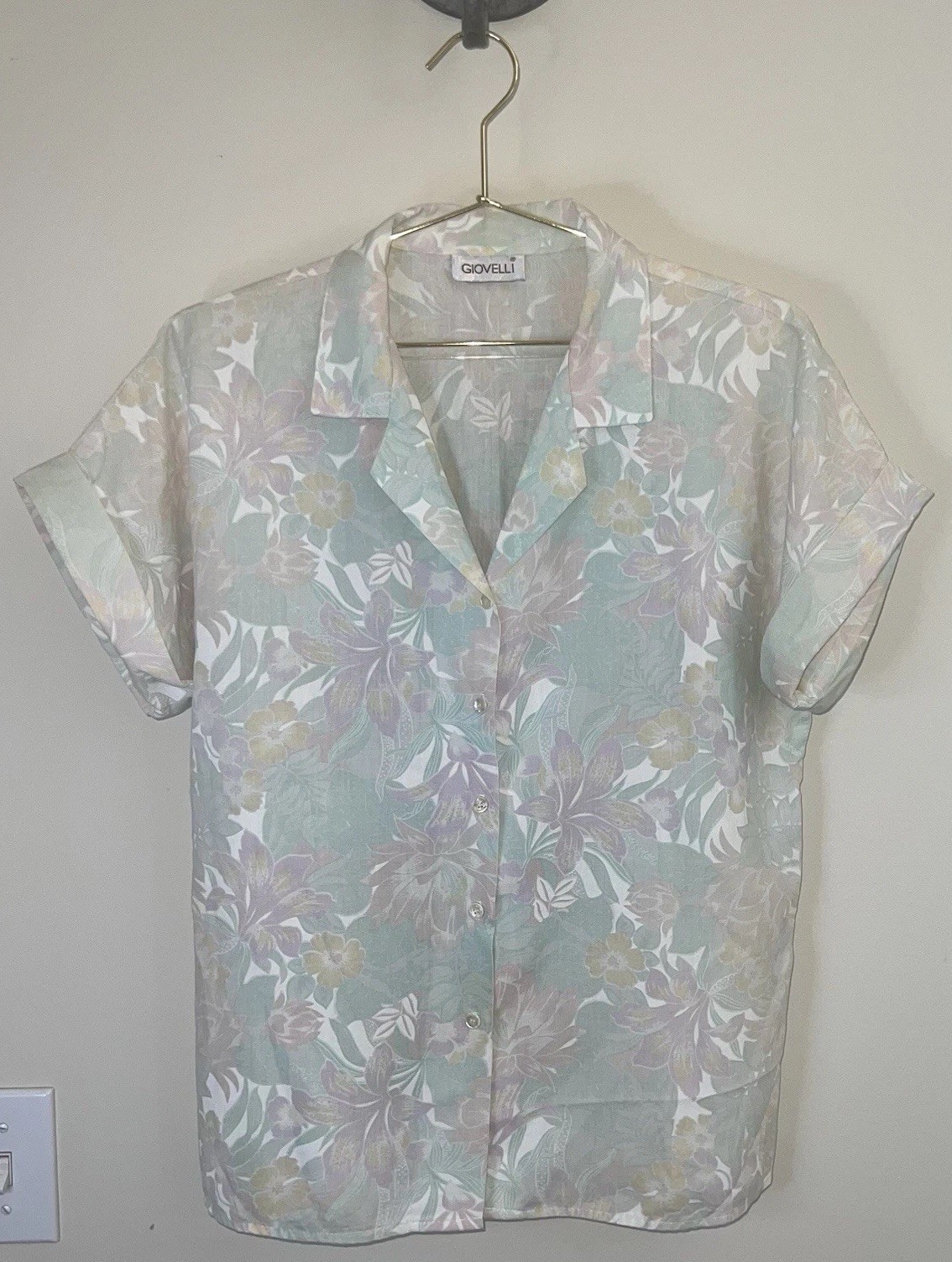 Vintage Giovelli Floral Sheer Blouse Medium Pastel Button Front Made USA