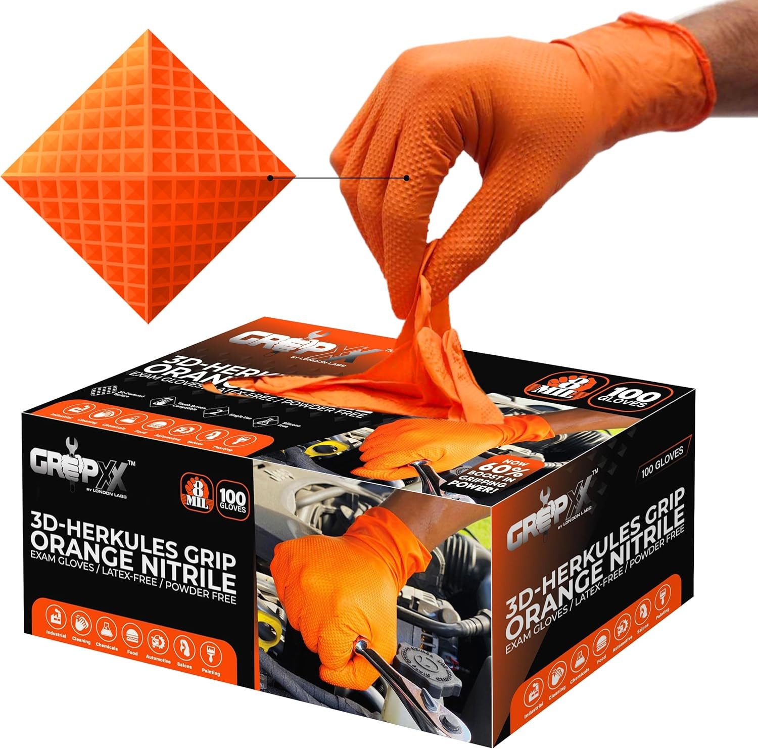 Herkules Grip Heavy Duty 8Mil Orange Nitrile Gloves,3D Raised Diamond