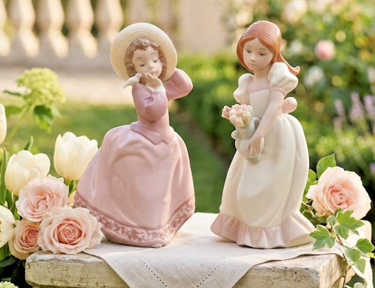 2 Lladro Golden Memories Figurines 1991 Daisa Girl w Bird Dove & Girl w Tulips