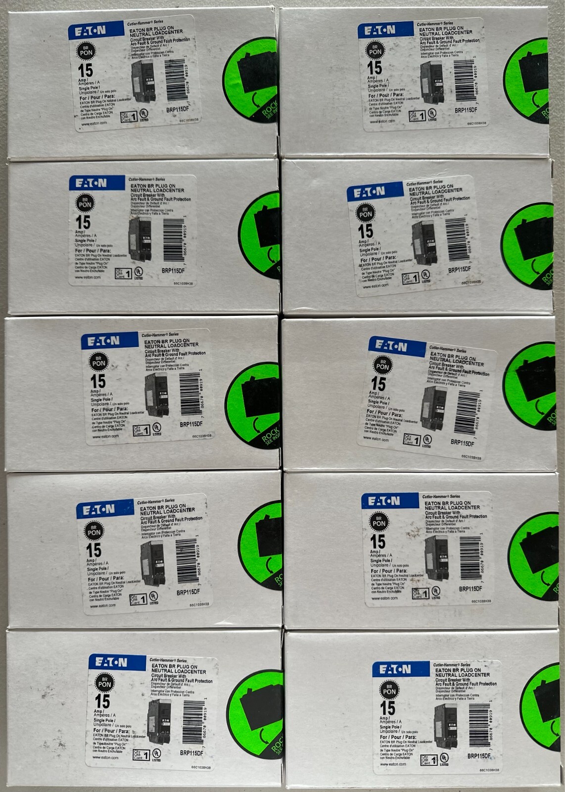 10 PCS Eaton BRP115DF 15 Amp Single Pole Dual Function Circuit Breaker AFCI GFCI