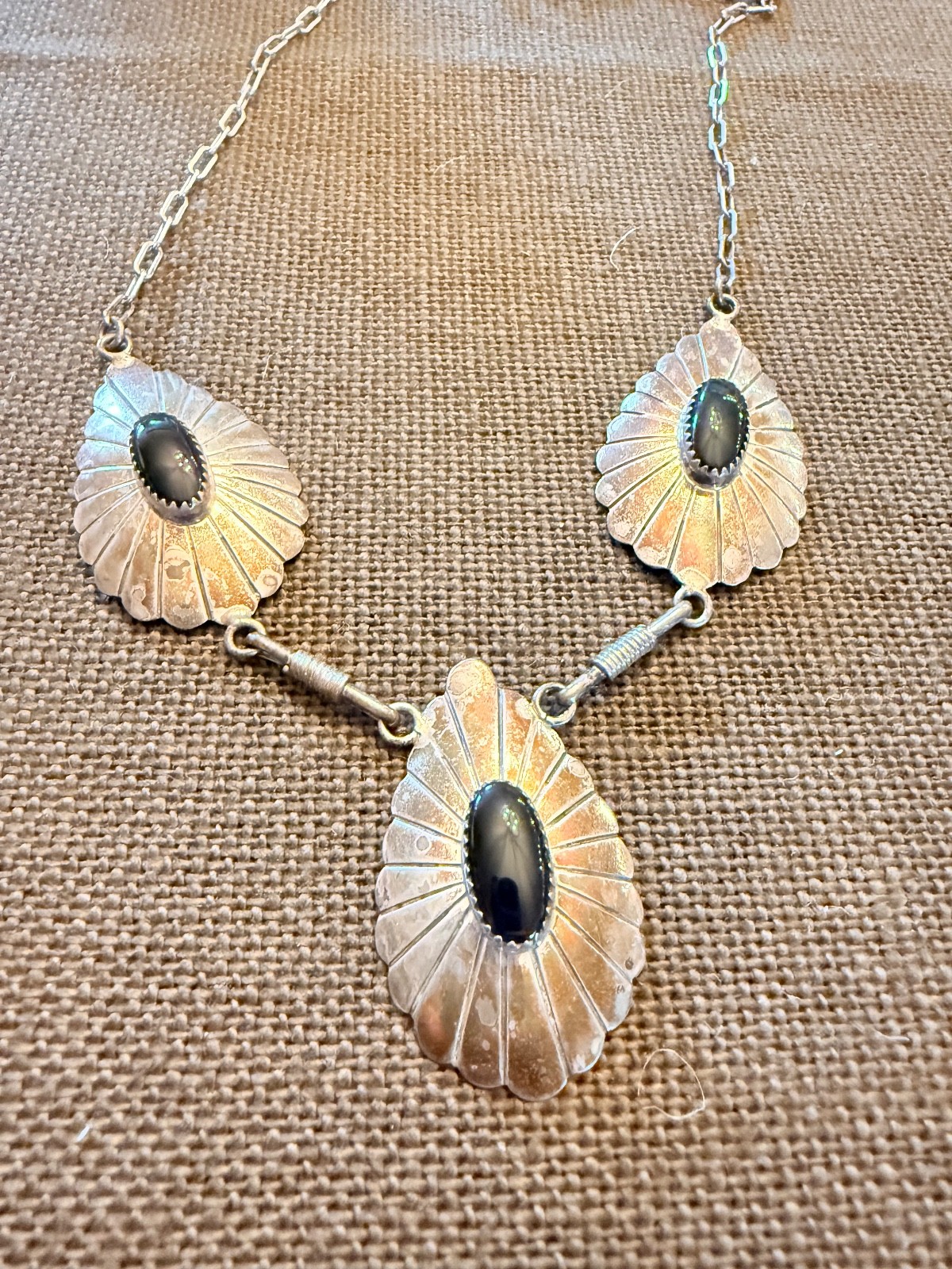 Vintage Native American Navajo Sterling Silver Black Onyx Necklace