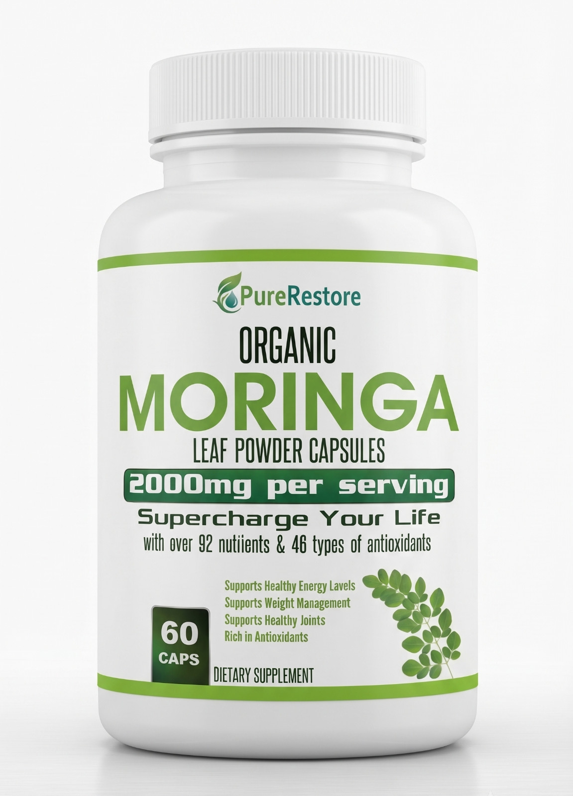 Moringa Capsules Moringa Leaf Powder 2000mg, 180 Capsules - ORGANIC