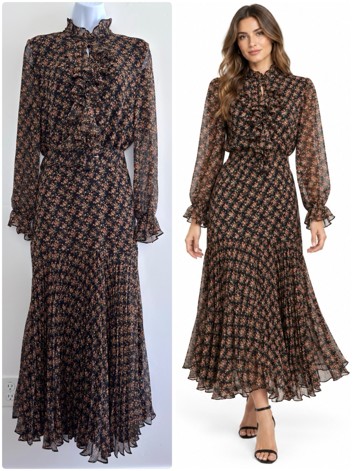 NWT Bardot Dallas Black Ditsy Floral Chiffon Pleated Ruffle Maxi Dress Size 8