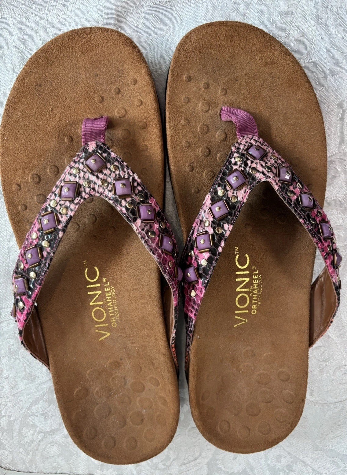 Vionic Sandals 9 Floriana Pink Purple Orthaheel Flip Flops VGC Vionic Sandals 9 Floriana Pink Purple Orthaheel Flip Flops VGC