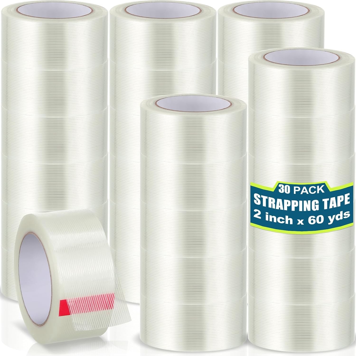 30 Rolls Strapping Tape Bulk 2 Inch x 60 Yards 5.5 Mil Fiberglass
