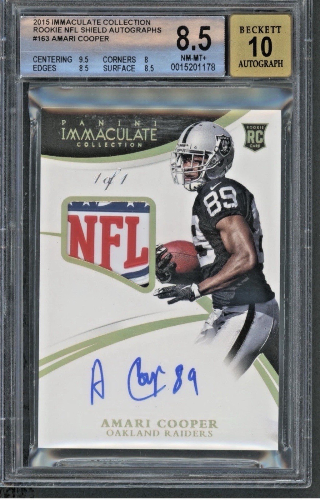 2015 Panini Immaculate #163 Amari Cooper Shield 1/1 Rookie Patch Auto BGS 8.5
