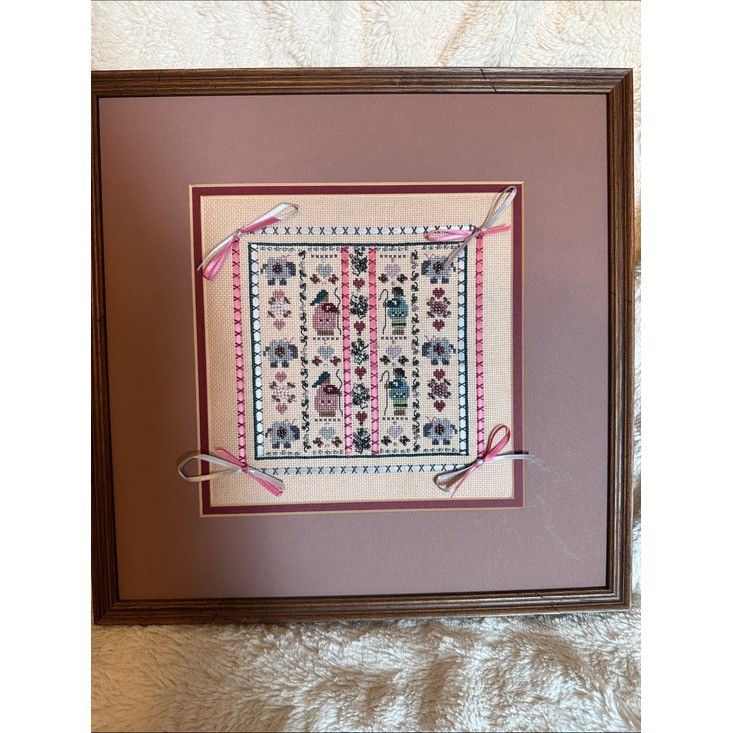 Vintage Hand Cross Stitch Shepherds Sheep Beaded Framed Wall Art Folk Farmhouse