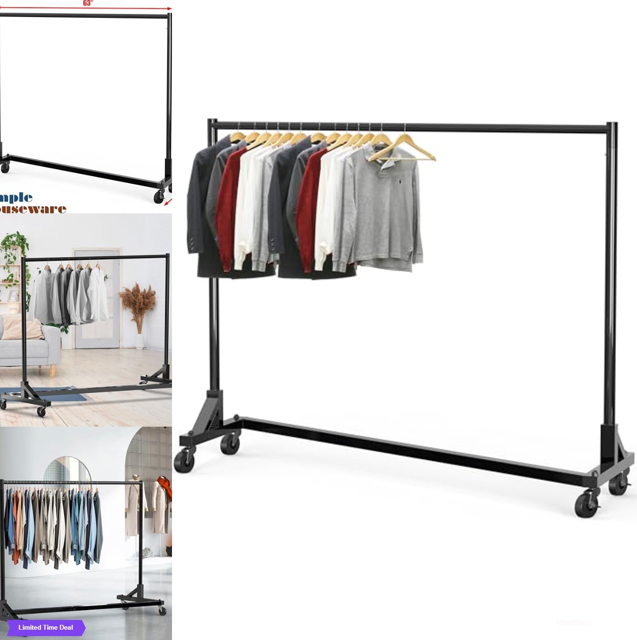 Garment Rack Steel 500 Lb Capacity 63 Inch Industrial Z Base Rolling Clothes