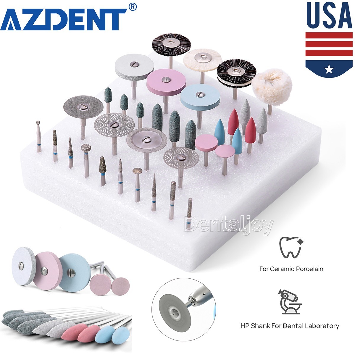 35Pcs Dental Lab Polishing Diamond Burs HP Kit For Ceramics Porcelain Grinding