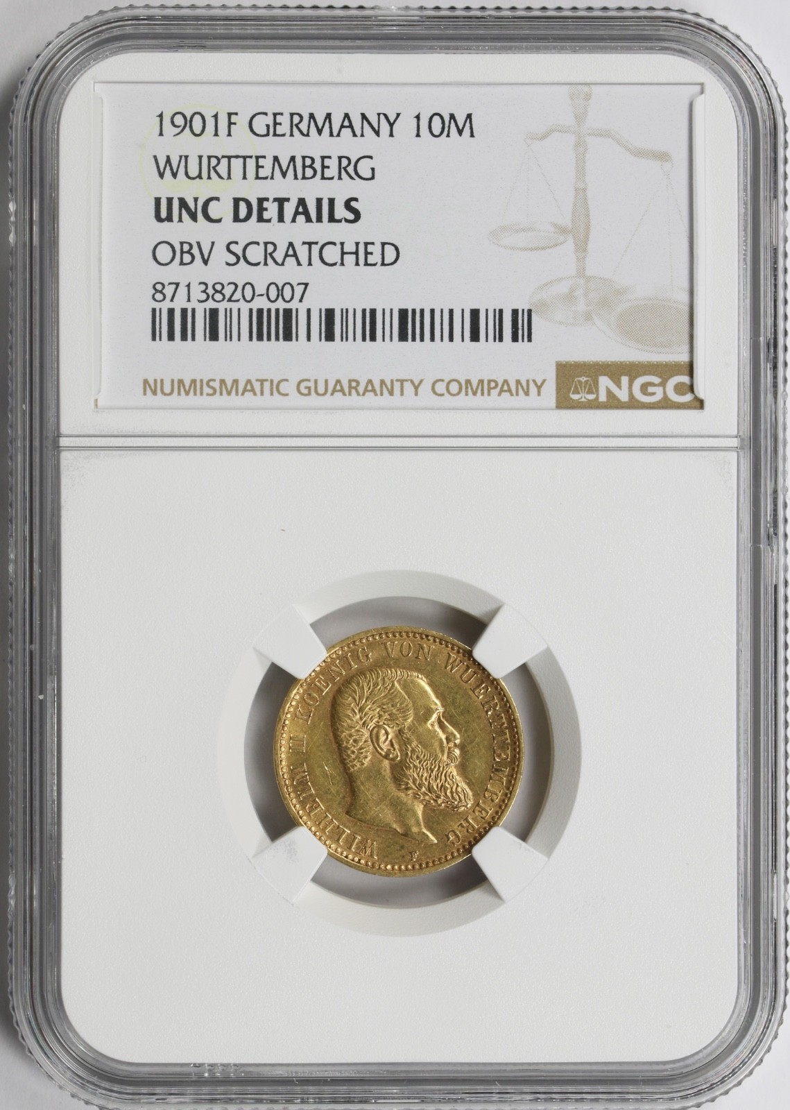1901-F Germany 10 Mark Gold Württemberg NGC UNC Details Obv Scratched