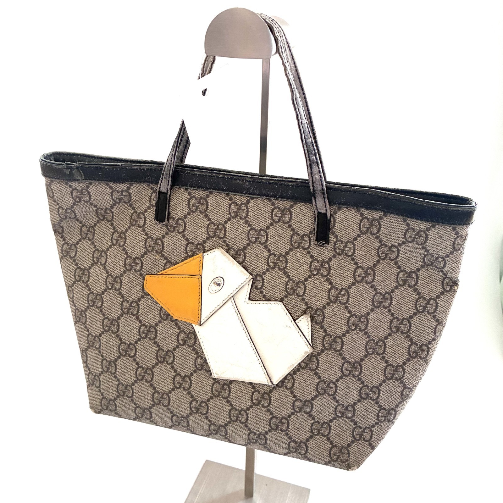 Authentic GUCCI Children\'s Zoo Duck GG PVC Tote Bag Brown Leather Vintage Rare