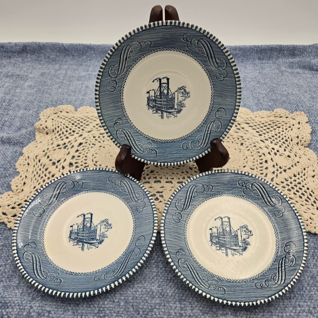 3 VTG Currier & Ives Low Water on the Mississippi Blue Saucer Plates Royal China