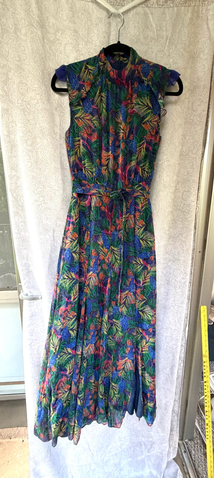 Saloni Silk Chiffon Maxi Dress Tropical Print Blue High Neck Belted US 2 UK 6