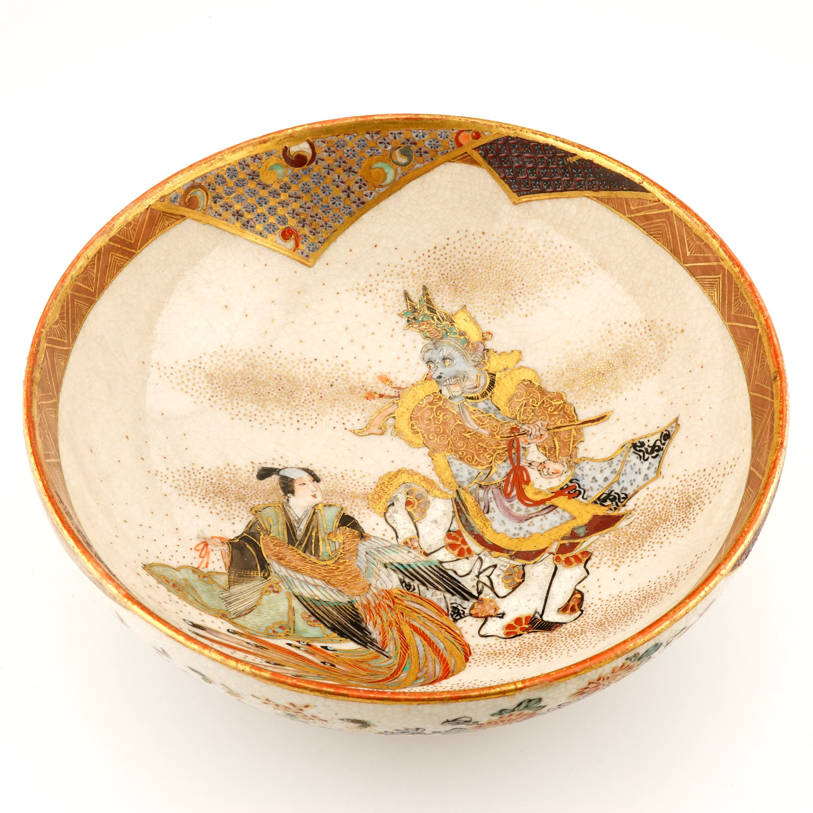 ANTIQUE 19thC JAPANESE MEIJI (1868-1912) SATSUMA POTTERY BOWL, SAMURAI AND ONI