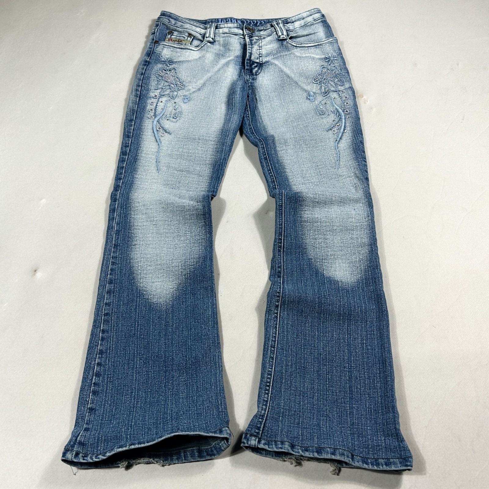Y2K Embroidered Jeans Bootcut Faded Denim Floral Rhinestone 00s McBling Vintage