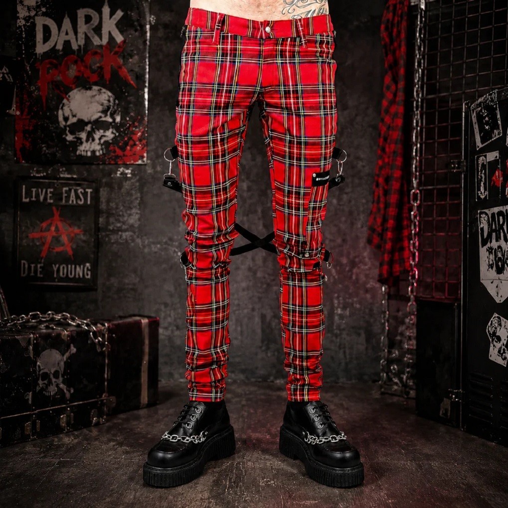 Men Goth Bondage Red Plaid Slim & Fit Alternative Punk Rebel Rock Trouser Pant Men Goth Bondage Red Plaid Slim & Fit Alternative Punk Rebel Rock Trouser Pant