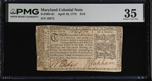 1774 Apr. 10 Maryland Colonial 1/6 Dollar Fr MD-61 PMG 35 Choice VF Note