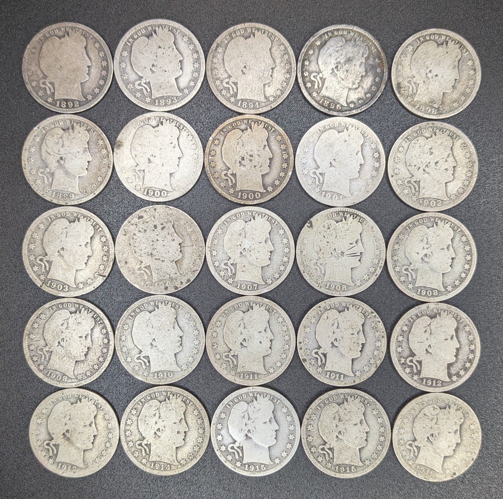 Twenty-Five (25) Different U.S. 25C Barber Silver Quarters from 1892 to 1916