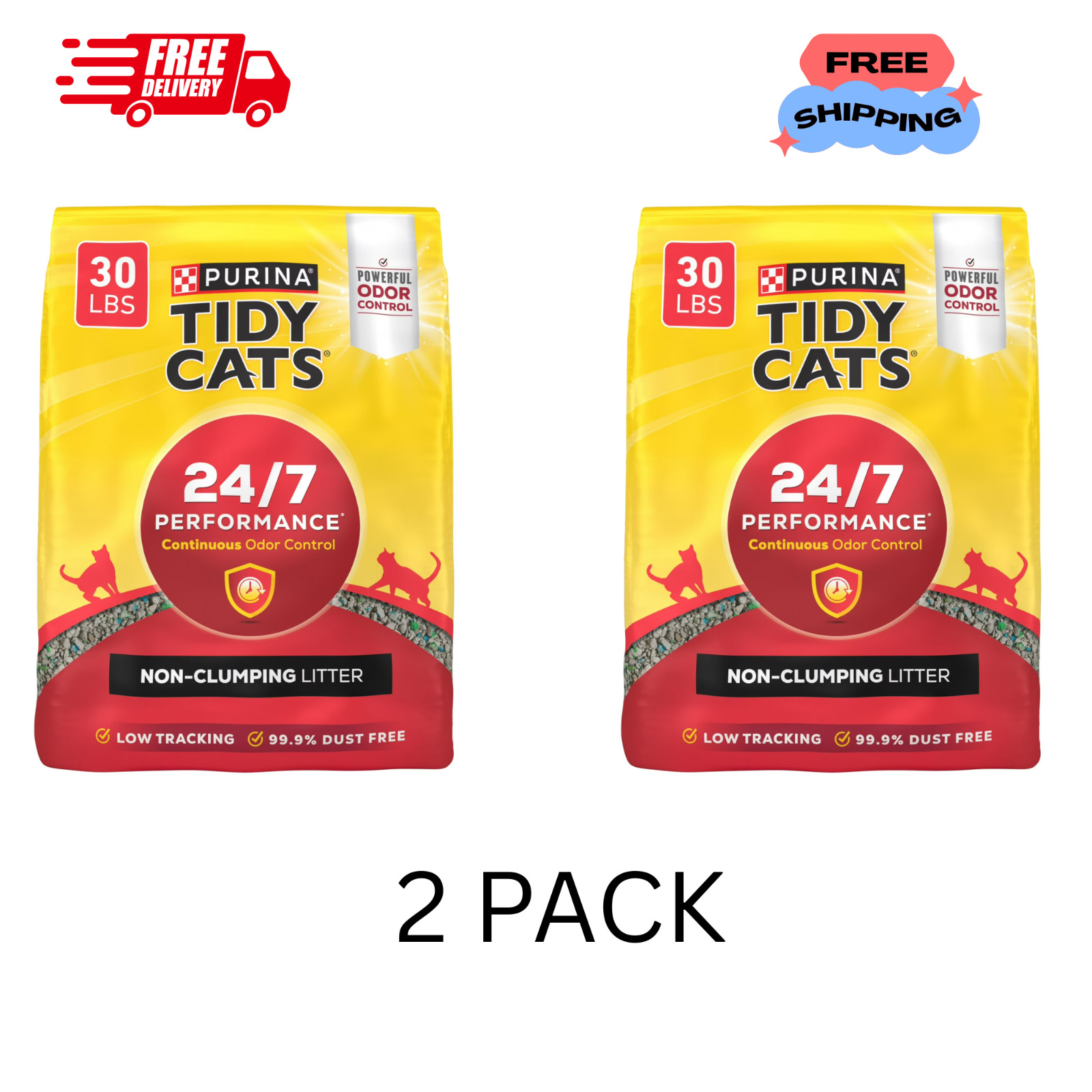 Purina Tidy Cats 24/7 Performance Non-Clumping Litter, Odor Control, 30 lb 2pack