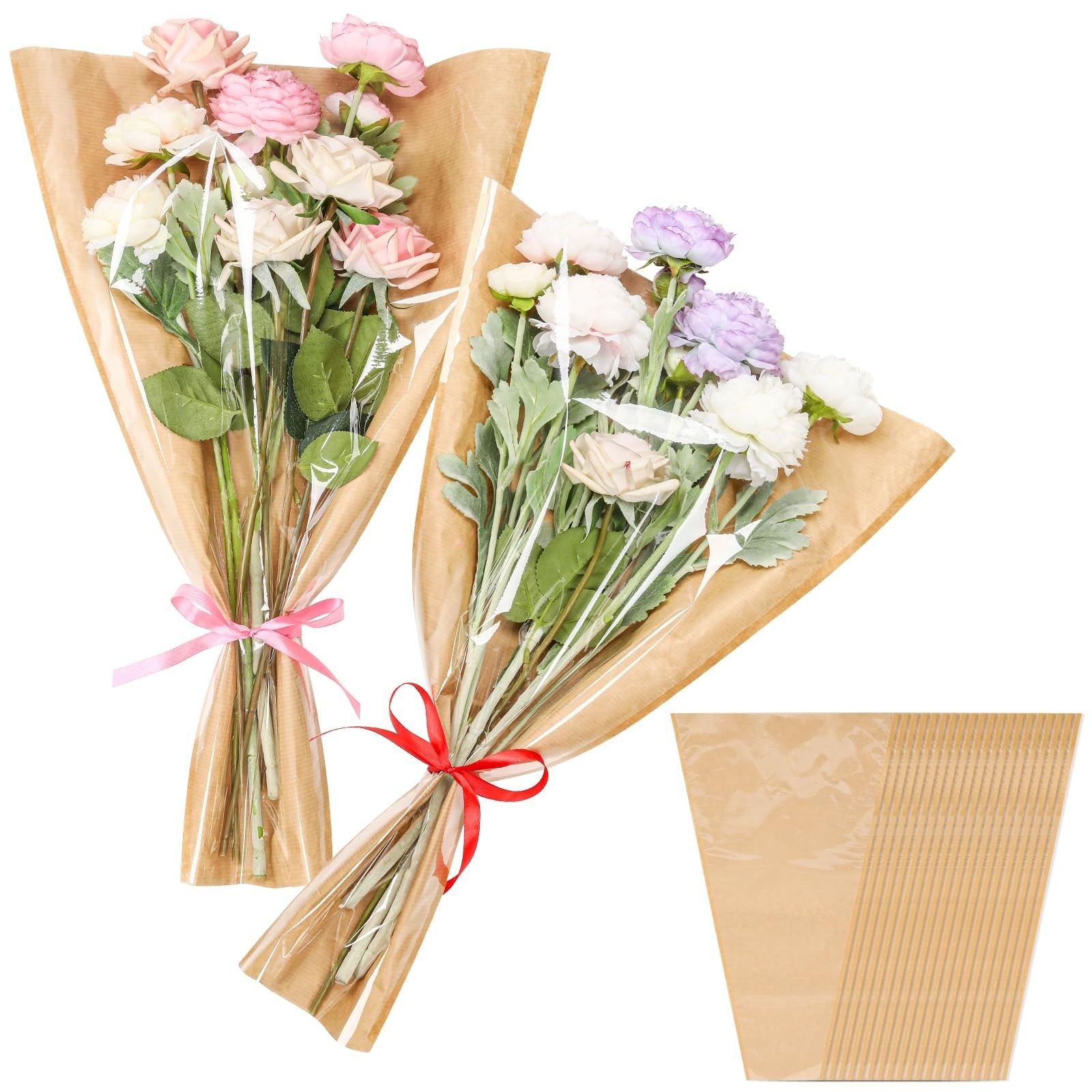Jansun 40Pcs Flower Wrapping Bags Kraft Paper 1 count (Pack of 40), Brown