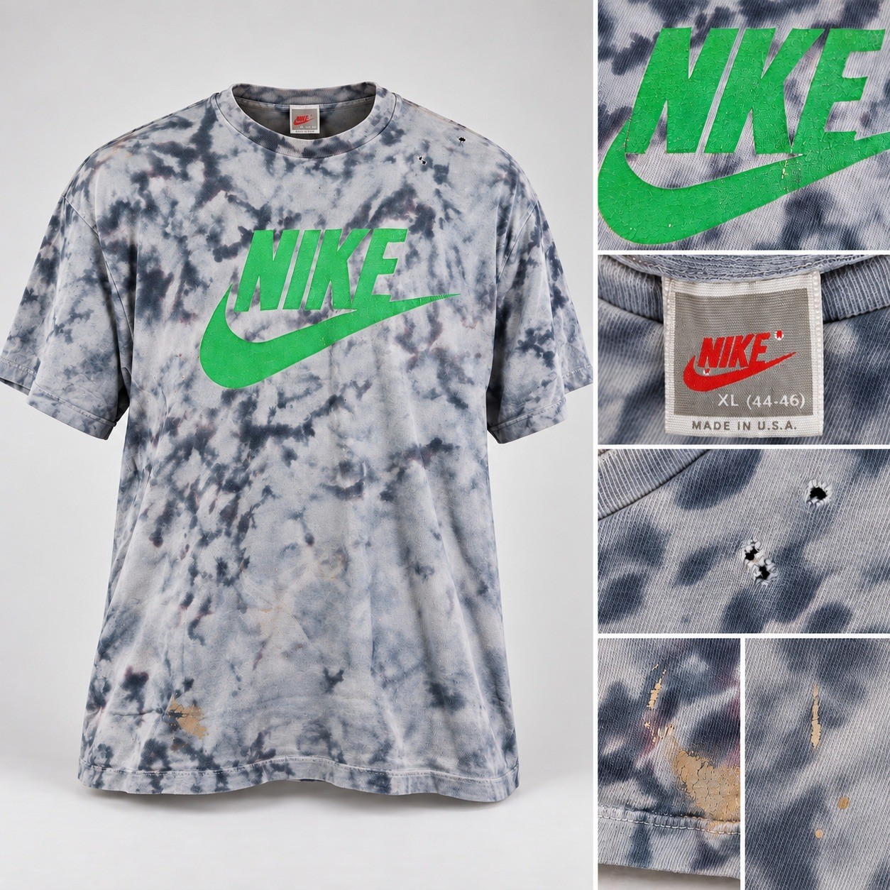 Nike T Shirt Vintage 90s Mens XL Grey Tie Dye Distressed Green Logo Made in USA