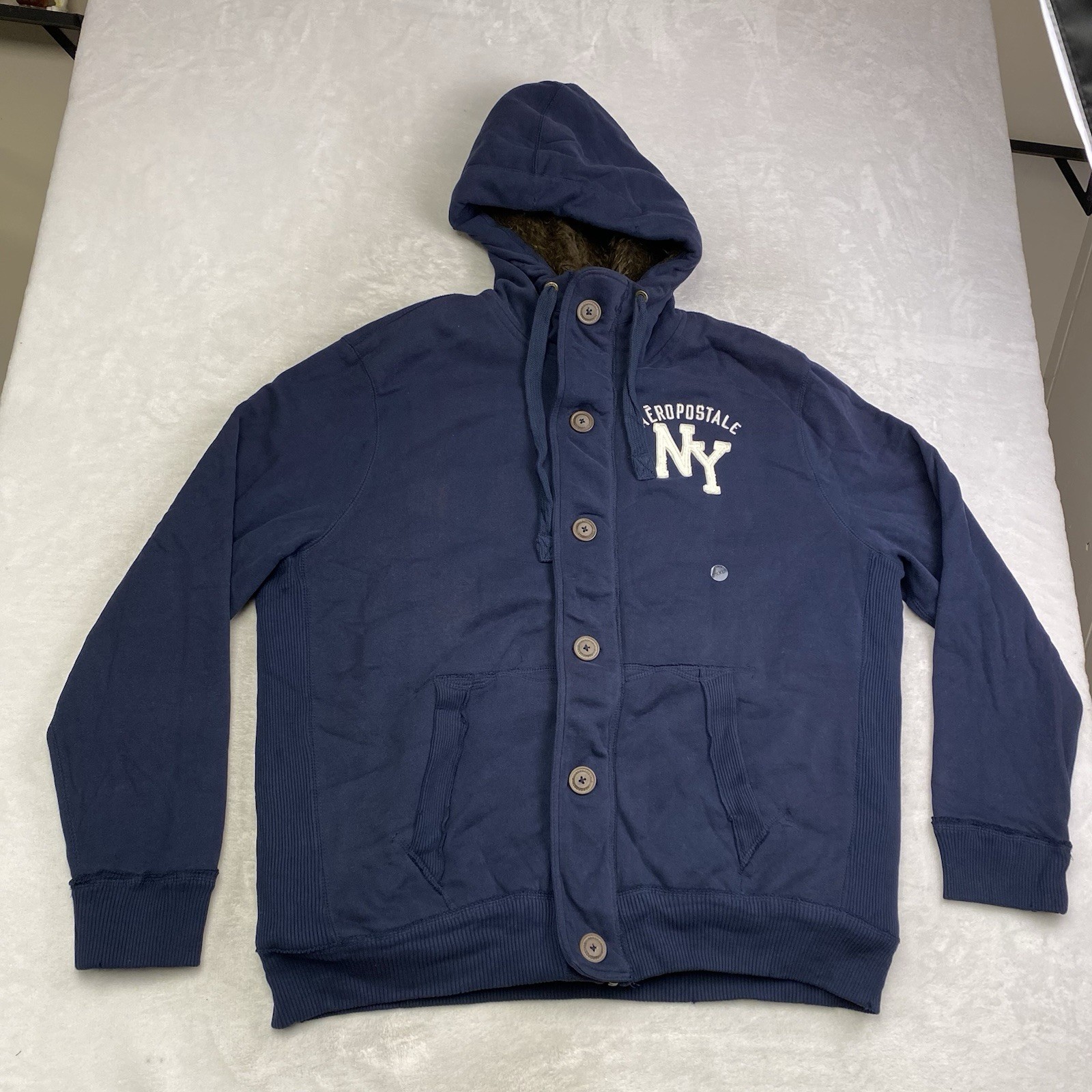Aeropostale Y2K Faux Fur Lined Zip Hoodie Jacket Navy Blue Men\'s Size XXL