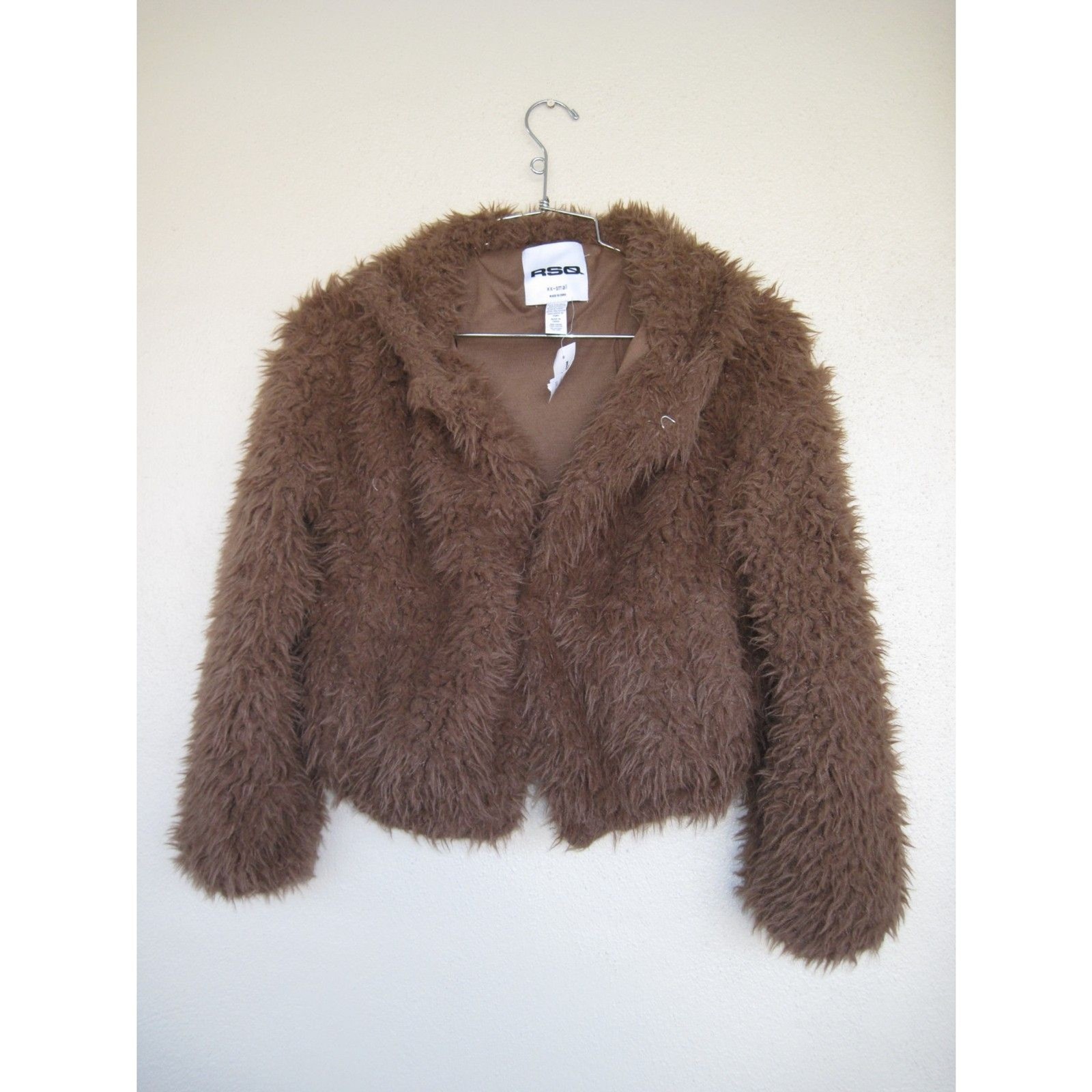 Tillys RSQ Women\'s Tan Long Fur Hooded Crop Jacket Size XXS NWT