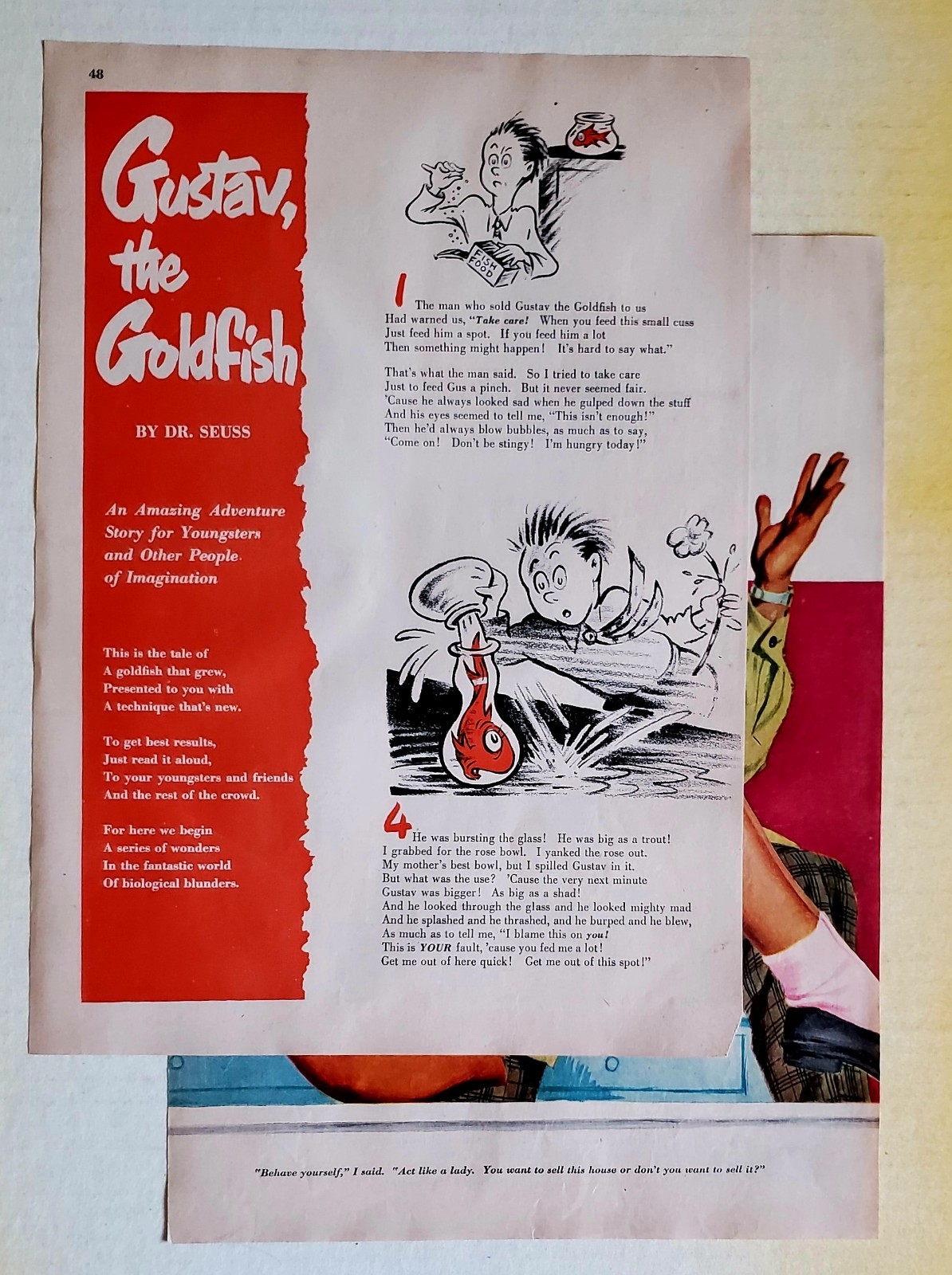 GUSTAV, THE GOLDFISH- 1ST LOST DR. SEUSS STORY. ORIGINAL REDBOOK PAGES JUNE 1950