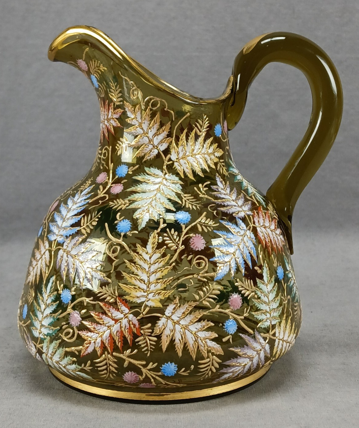 Antique Bohemian Moser Type Hand Enameled Flowers & Leaves Green & Gold Pitcher Antique Bohemian Moser Type Hand Enameled Flowers & Leaves Green & Gold Pitcher