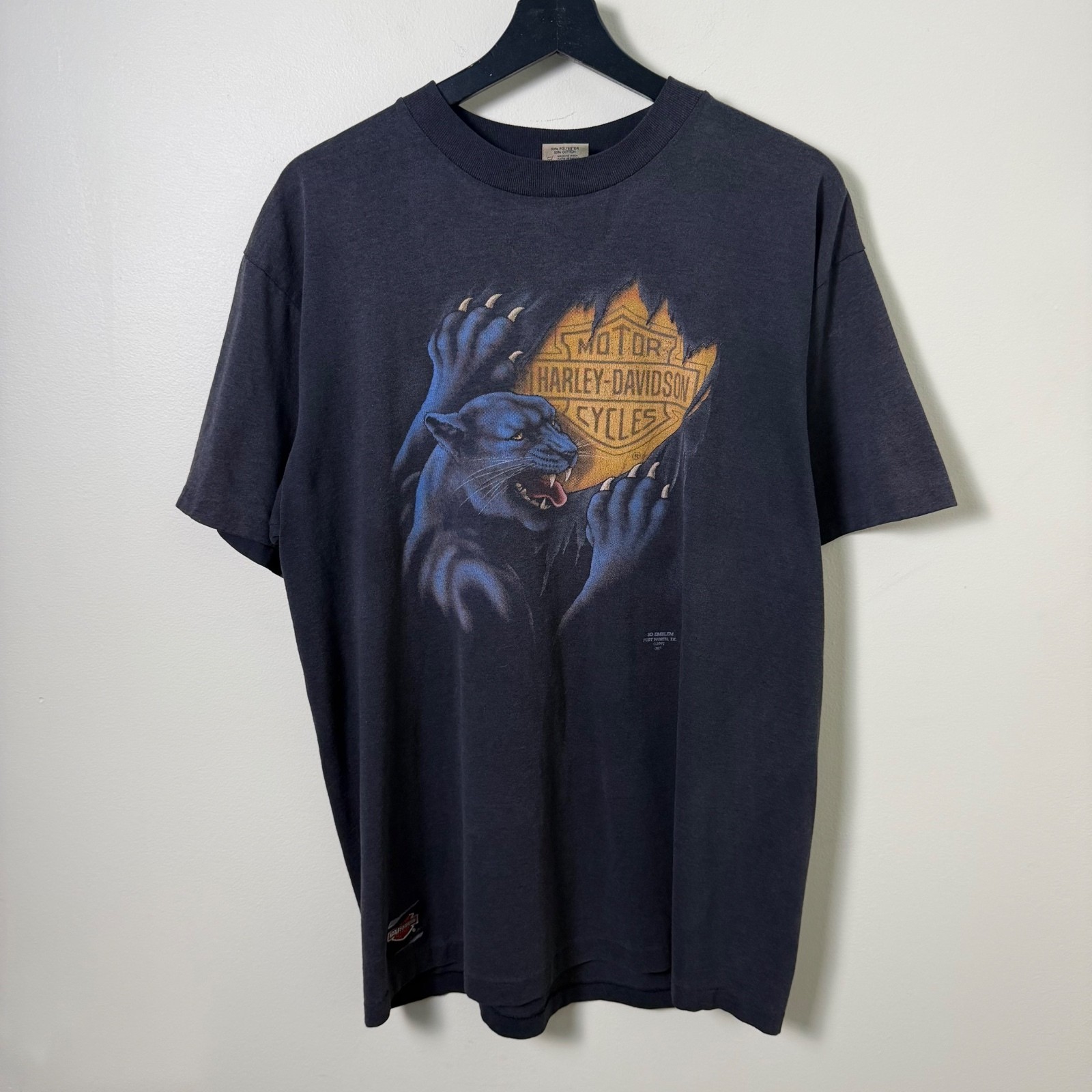 1991 Harley Davidson 3D Emblem Fort Worth Texas panther graphic T shirt XL