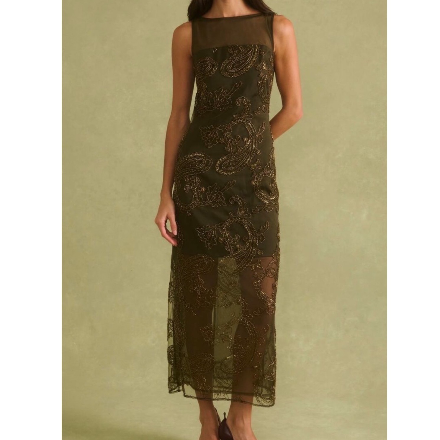 NWT Sorella Atelier Ora Beaded Paisley Mesh Midi Dress Olive Gold Size 6 Formal