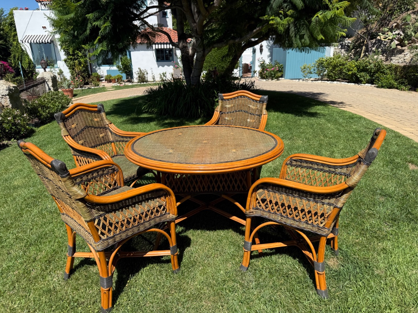 Antique Vintage bamboo and rattan wicker dining table and Chairs 