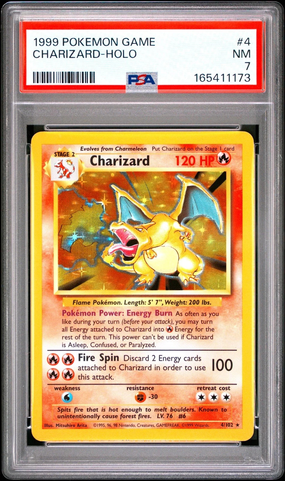 1999 POKEMON BASE SET UNLIMITED #4 CHARIZARD-HOLO PSA 7 - CRAZY CLEAN