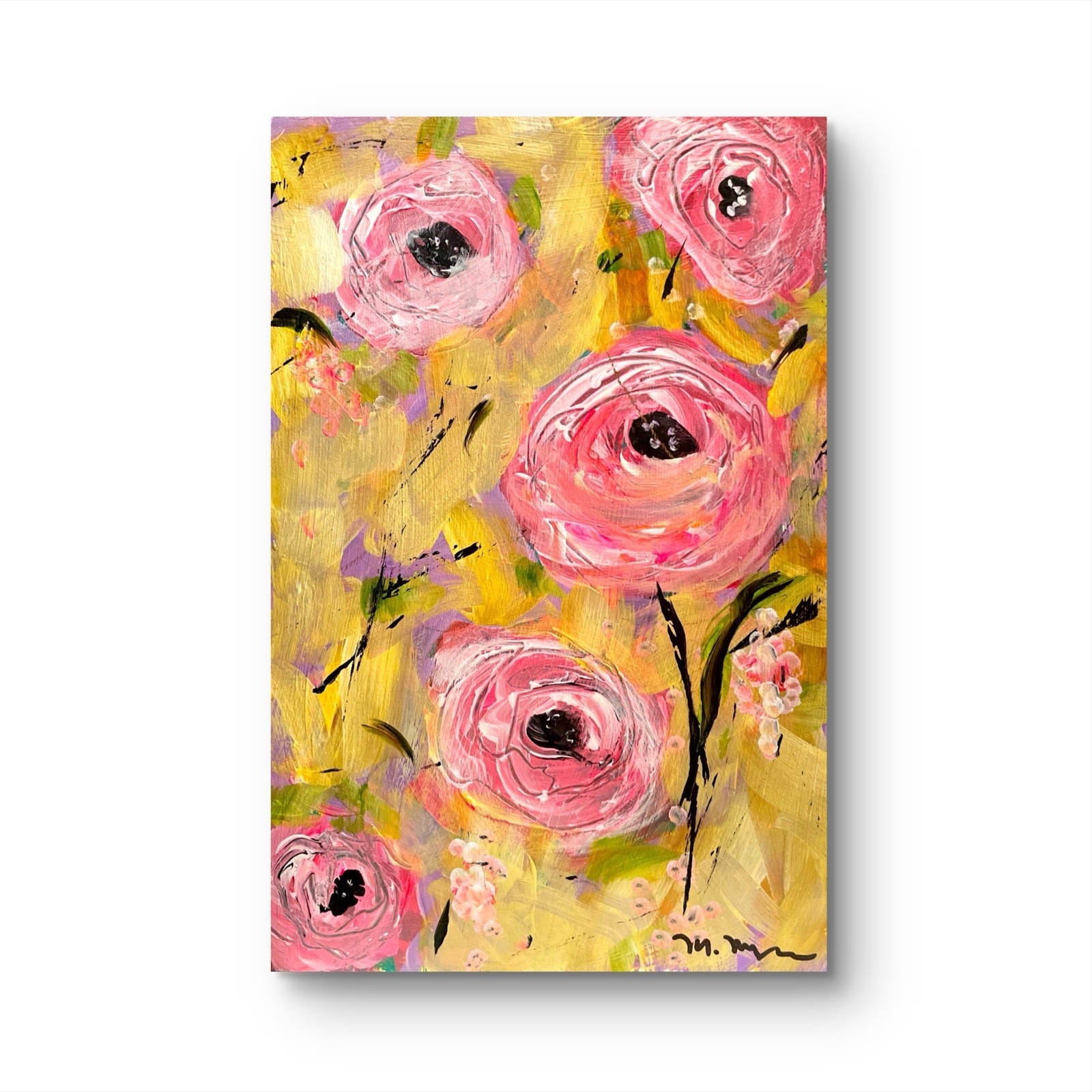 Mary Myers Original Abstract Expressionism Pink Ranunculus Floral on wood panel