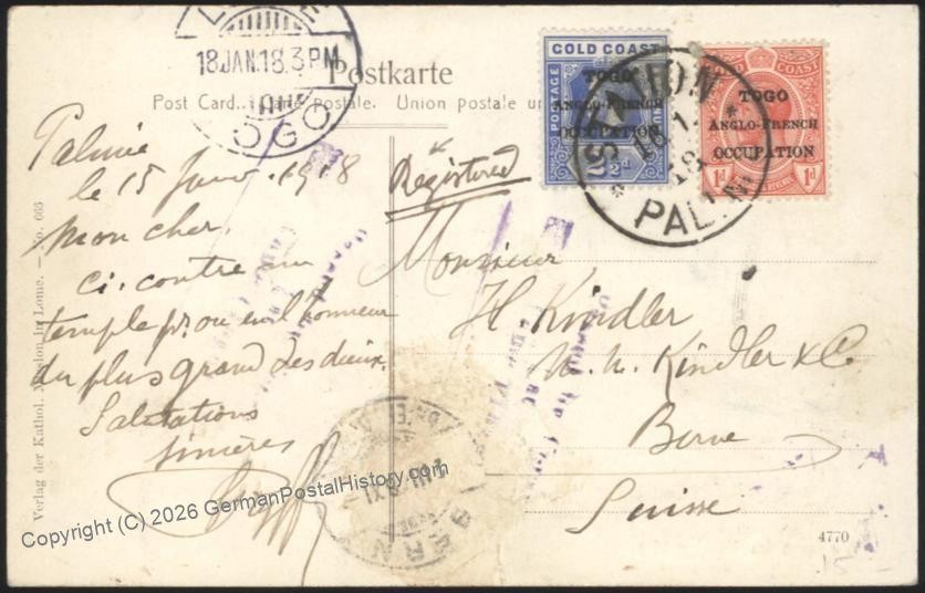 Germany 1918 WWI Togo Anglo-French Occ Cover Station Palime Bern Switzerl 115469