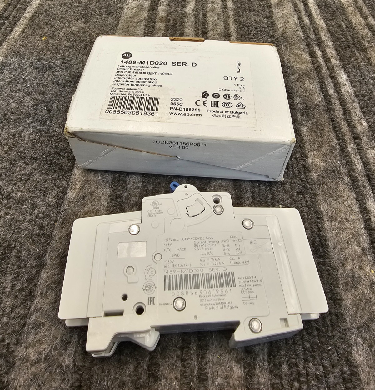 (QTY 2) Allen Bradley 1489-M1D020 SER. D: 1P 2A 277VAC/48VDC D Trip Breaker