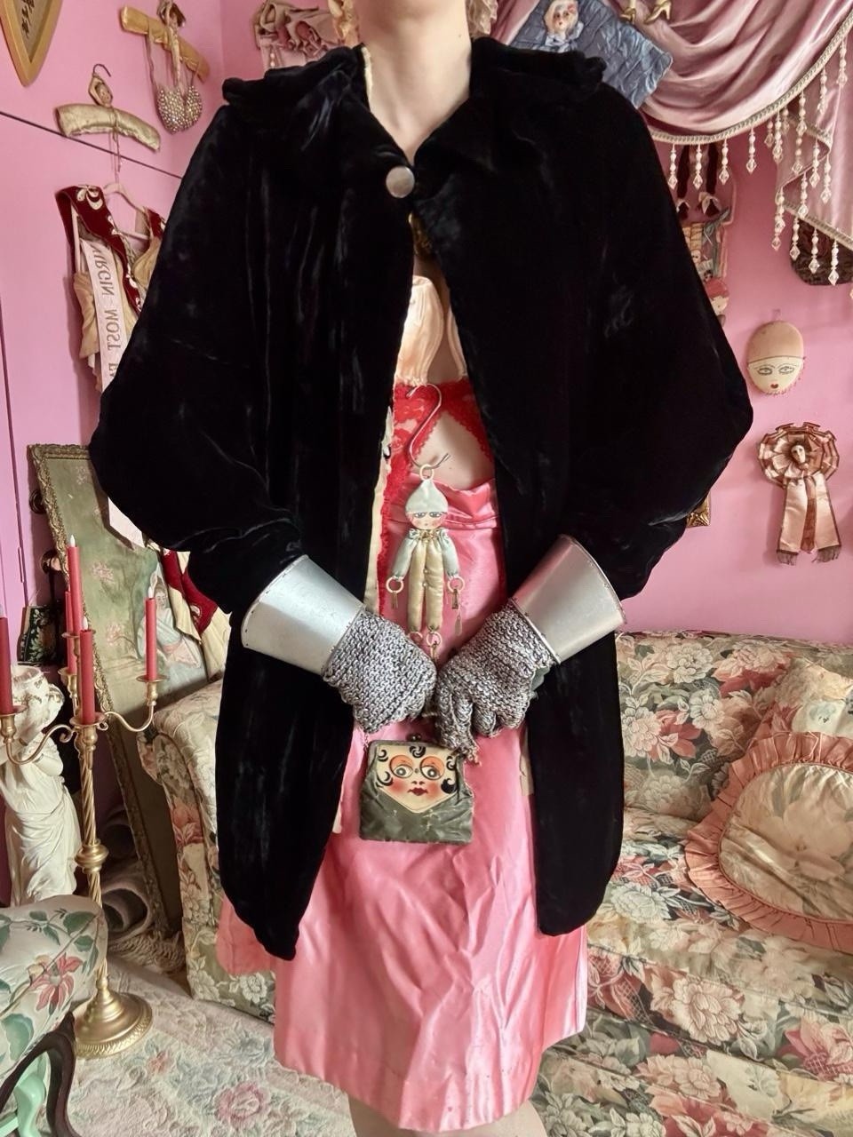 Antique 1910s/20s Black Velvet Opera Coat, Size M-L